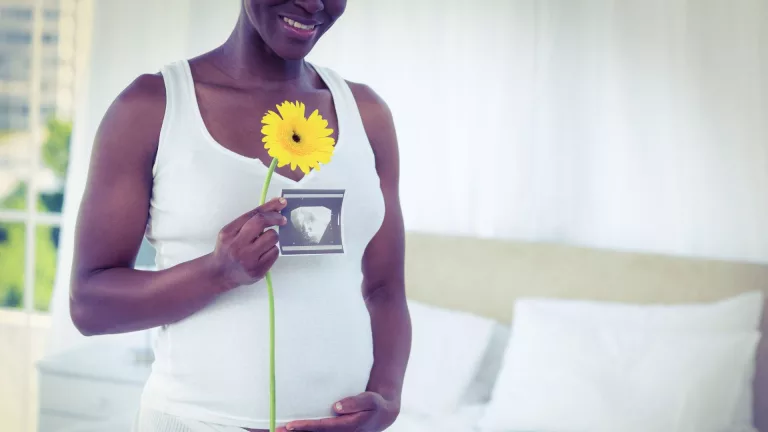 Pregnant woman holding a yellow sunflower